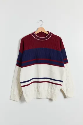 80s Wine Navy Cream Color Block Crew Sweater XL