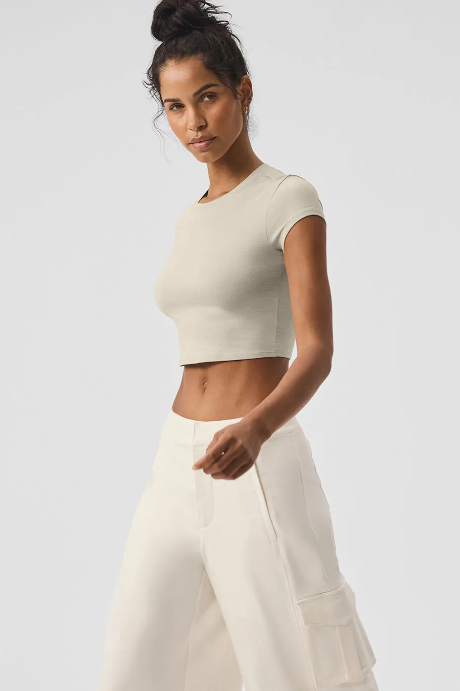 Alosoft Crop Finesse Short Sleeve - Oatmeal Heather
