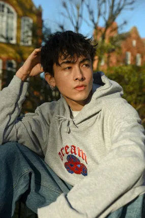 Hoodie in Heather Grey Flaming Skull Embroidery