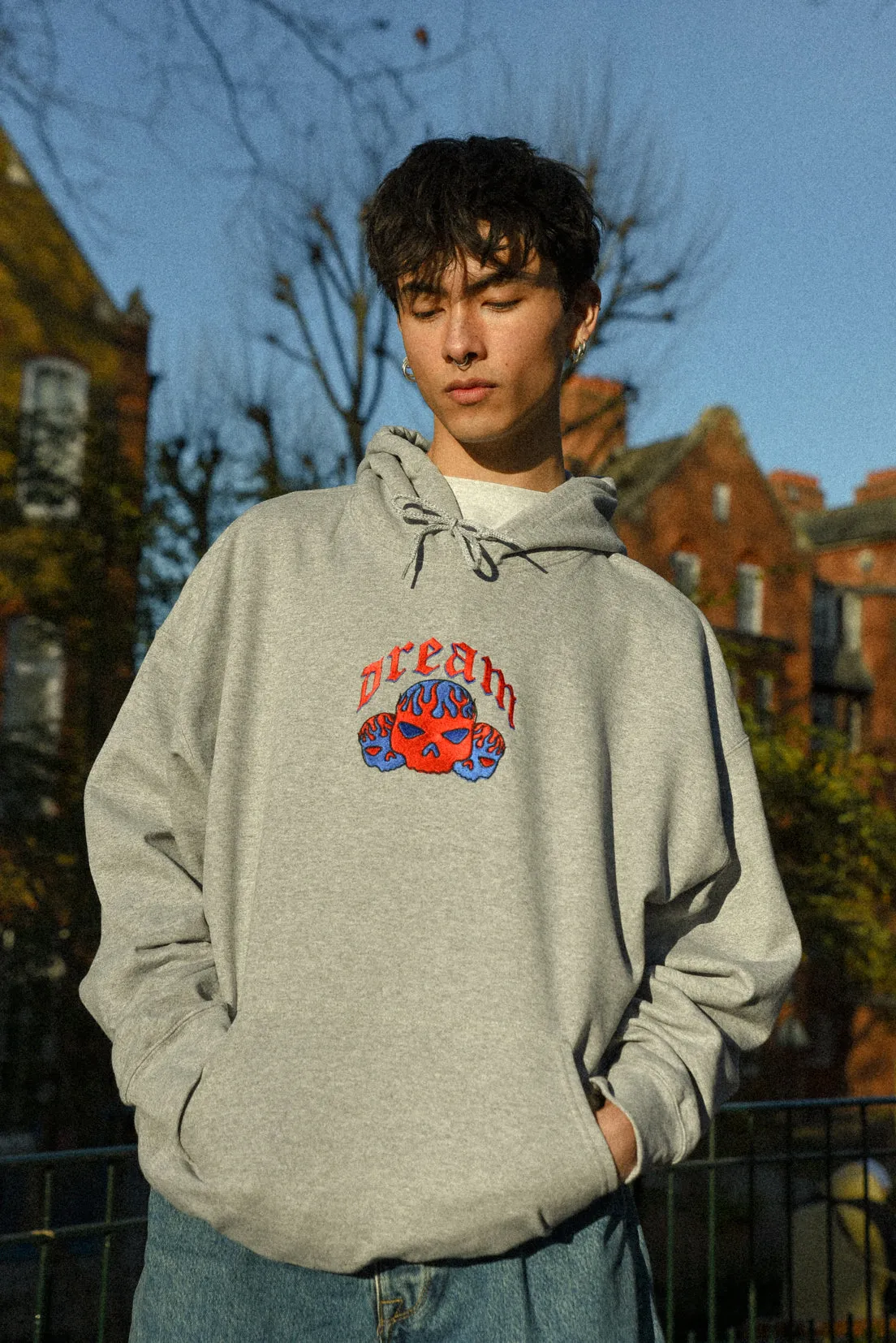 Hoodie in Heather Grey Flaming Skull Embroidery
