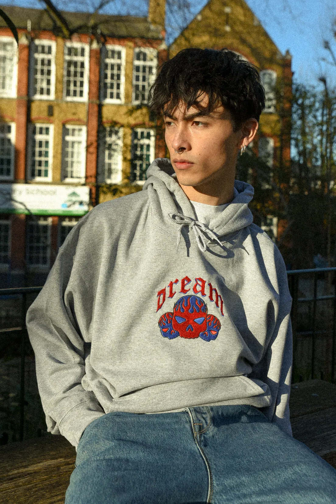 Hoodie in Heather Grey Flaming Skull Embroidery