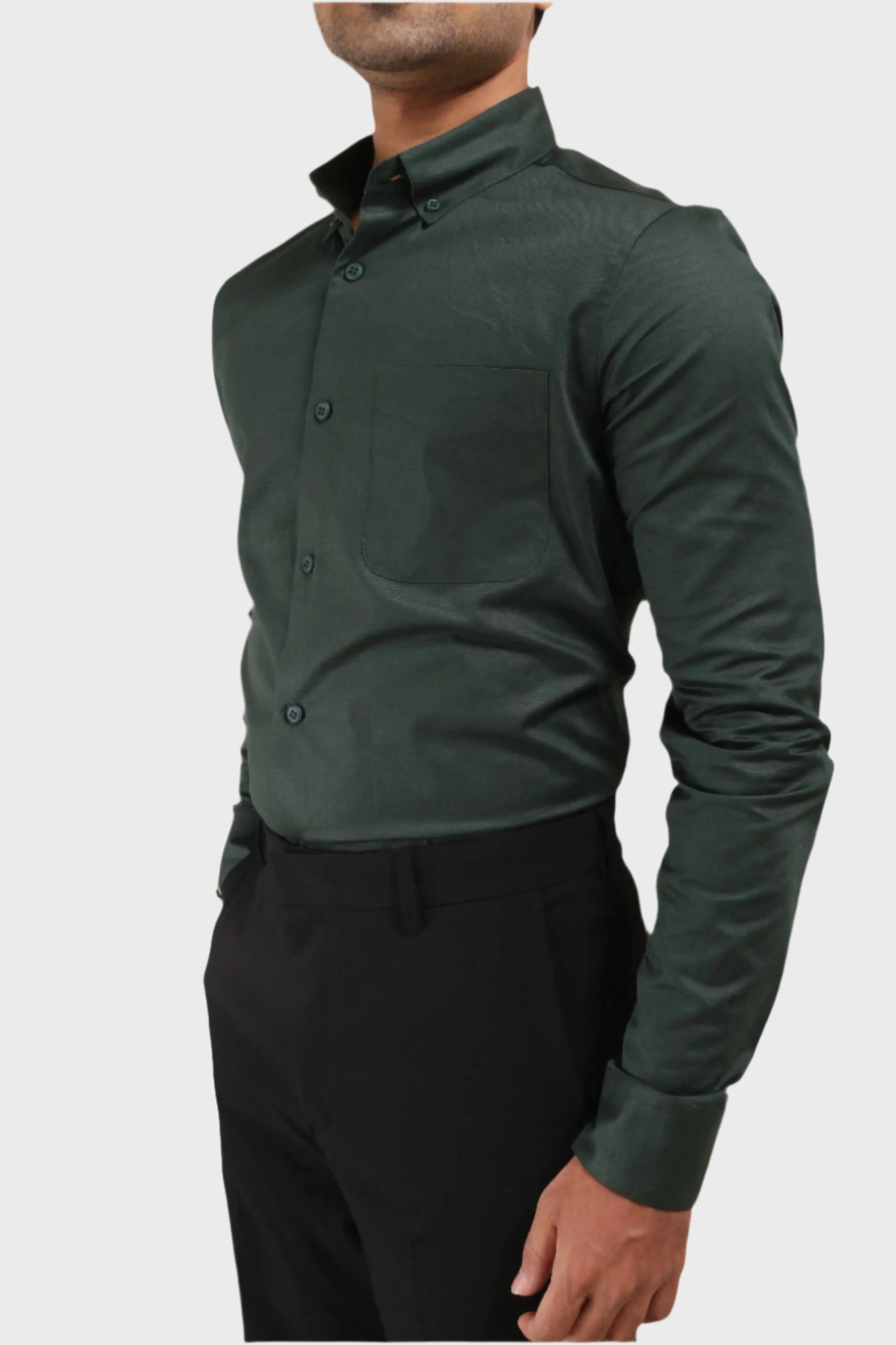 JONESBURG BOTTLE GREEN SATIN SLUB SLIM FIT SHIRT