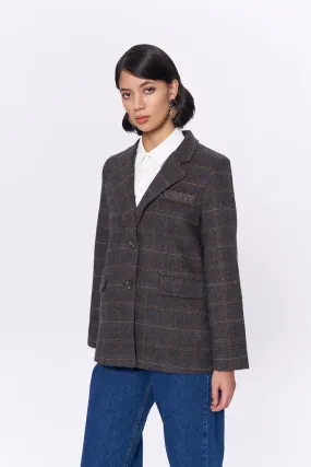 Pocket Writing Detailed Tweed Blazer Jacket Brown
