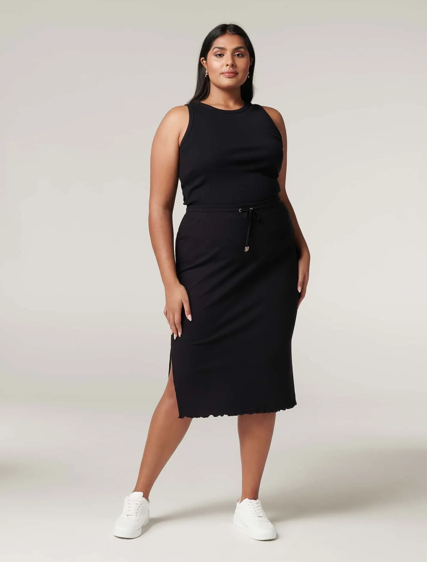Rania Curve Rib Drawcord Midi Skirt