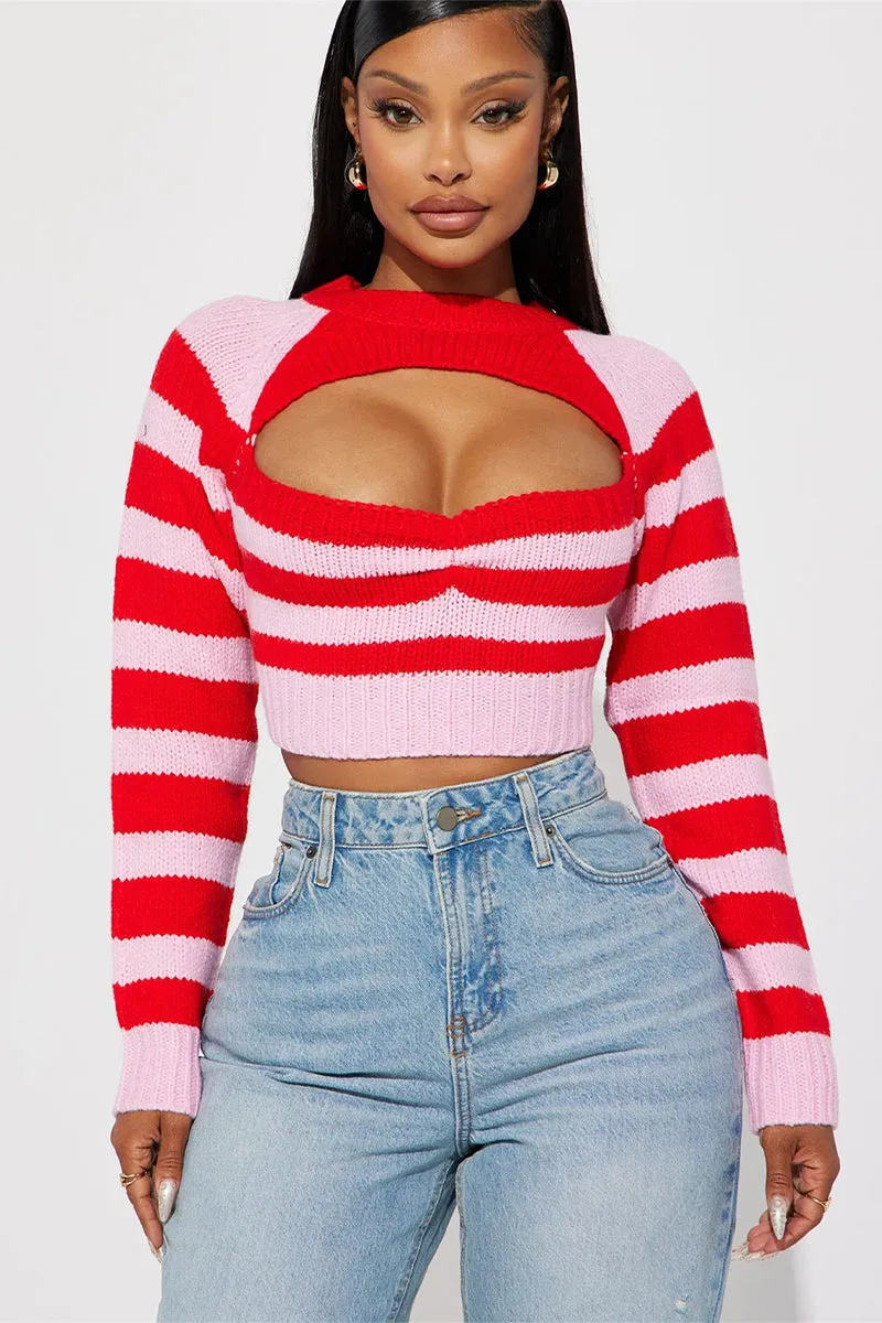 Round Neck Pink Stripe Cutout Crop Sweater