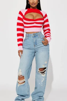 Round Neck Pink Stripe Cutout Crop Sweater