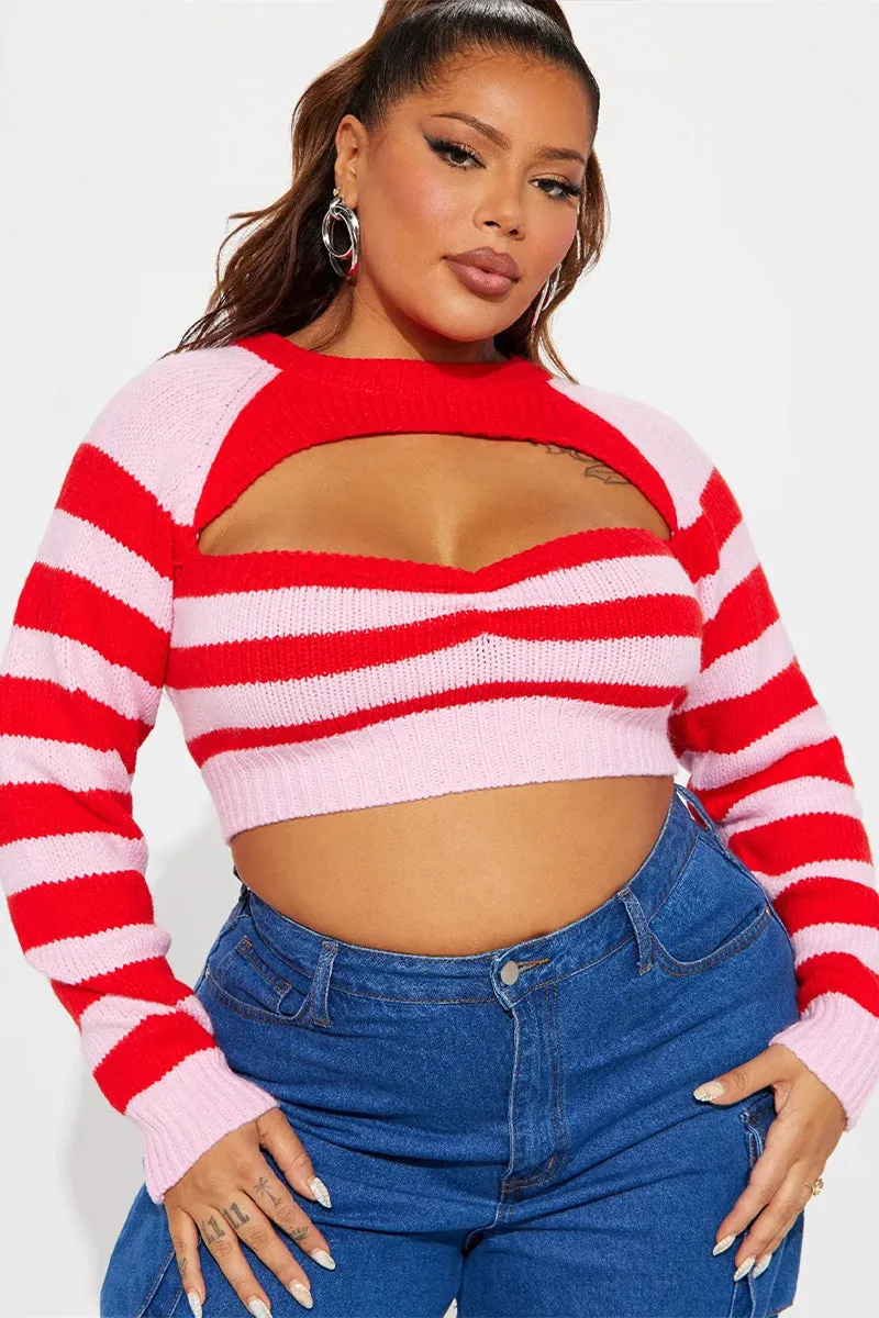 Round Neck Pink Stripe Cutout Crop Sweater