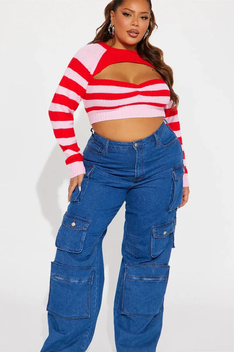 Round Neck Pink Stripe Cutout Crop Sweater