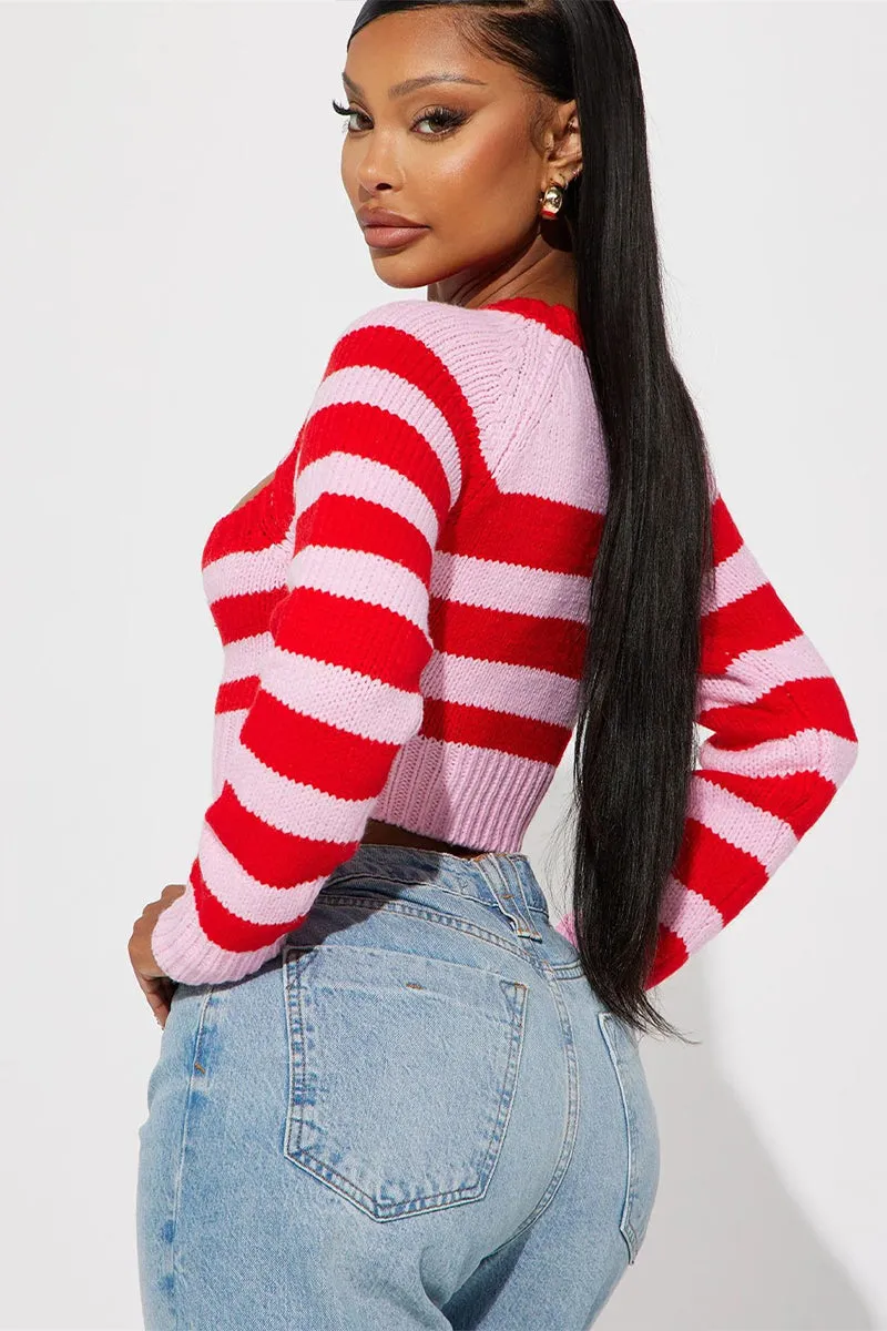 Round Neck Pink Stripe Cutout Crop Sweater