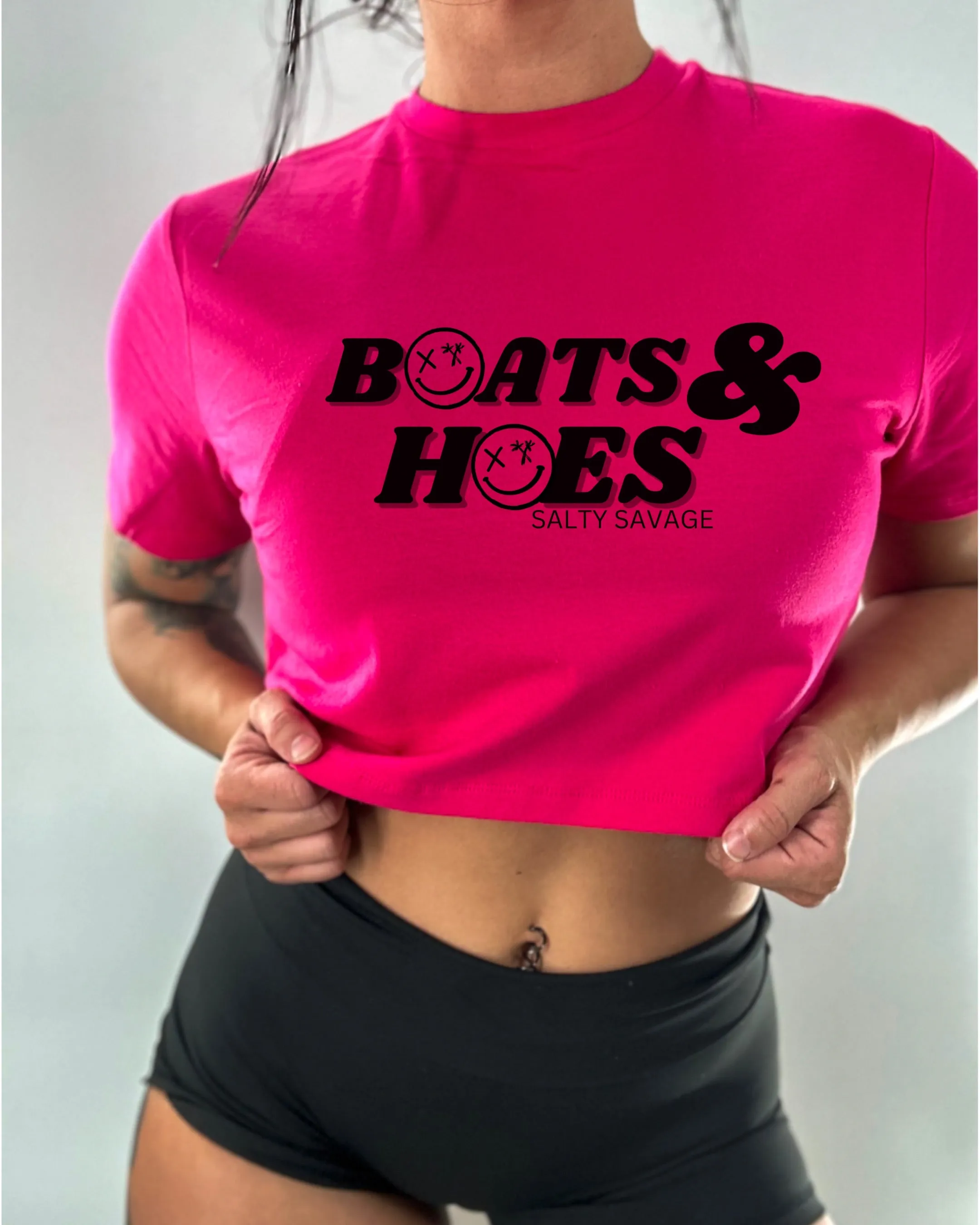 Salty Savage Ladies "BOATS & HOES" Performance Crop Tee