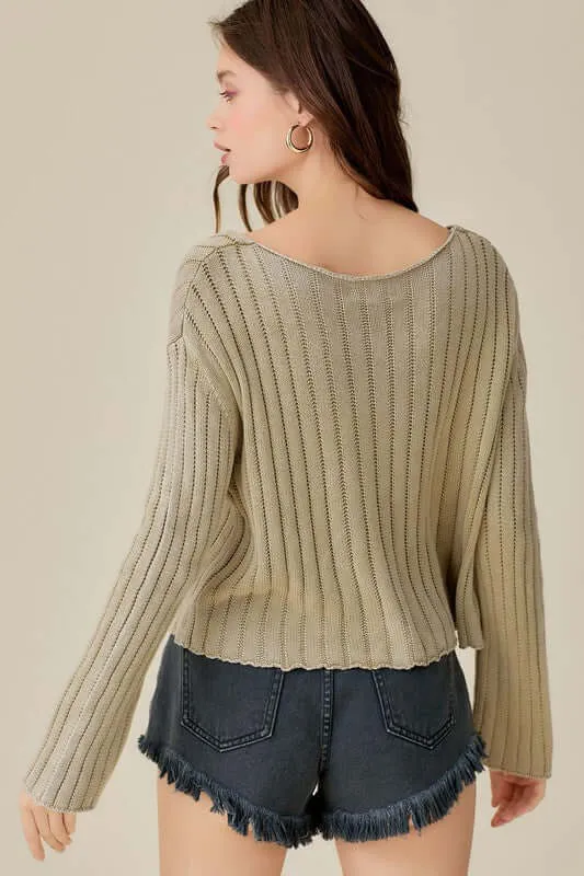 V Neck Washed Crop Sweater