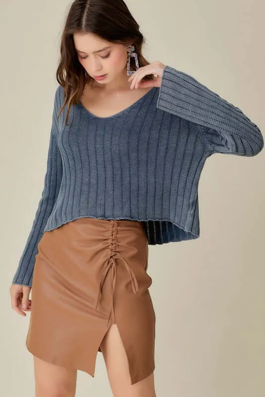 V Neck Washed Crop Sweater