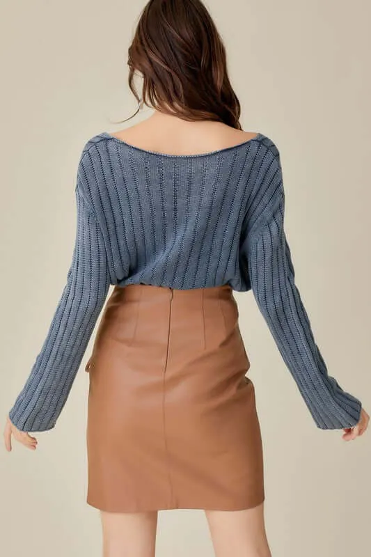 V Neck Washed Crop Sweater