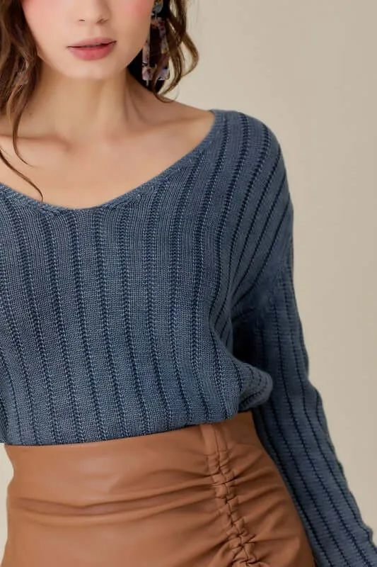 V Neck Washed Crop Sweater