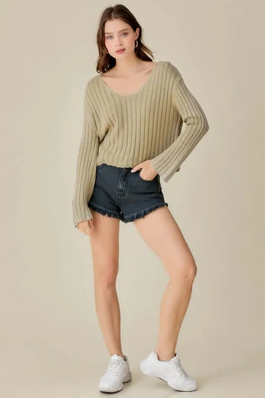 V Neck Washed Crop Sweater