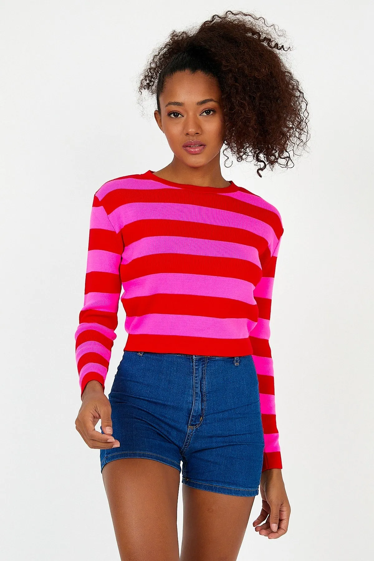 Women-s Fusya Red Striped Crew Neck Crop Knitwear Knitted Blouse Sweater
